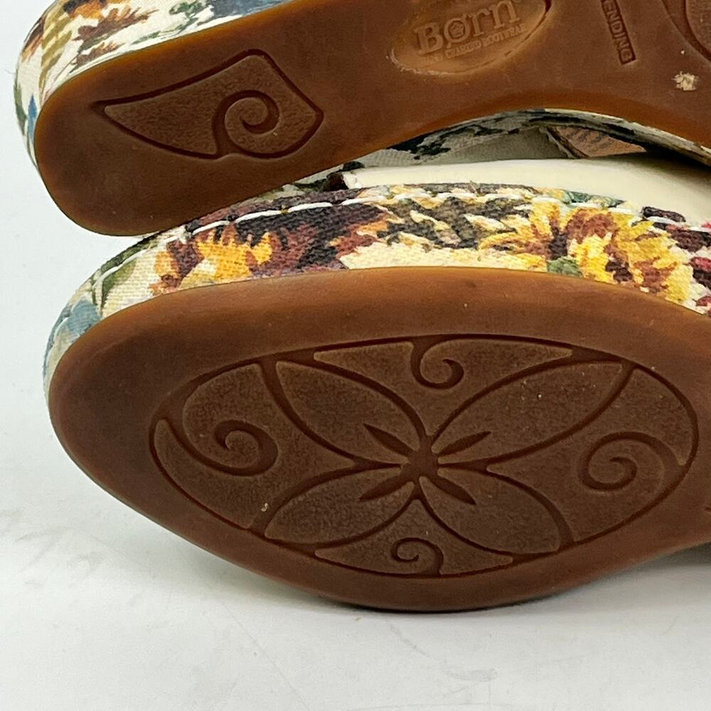 Born Womens 9M Floral Print Spring Canvas Wedge Sandals Leather 3.5″ Buckle - Picture 12 of 16